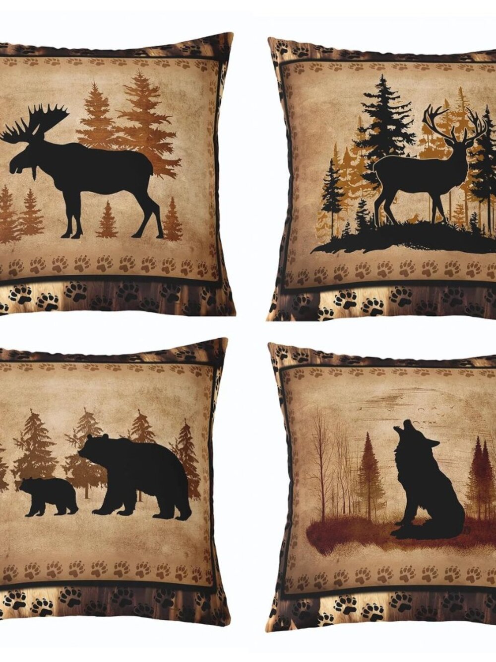 Set of 4 Vintage Bear Throw Pillow Covers,Cabin Deer Hunting Cushion Case for